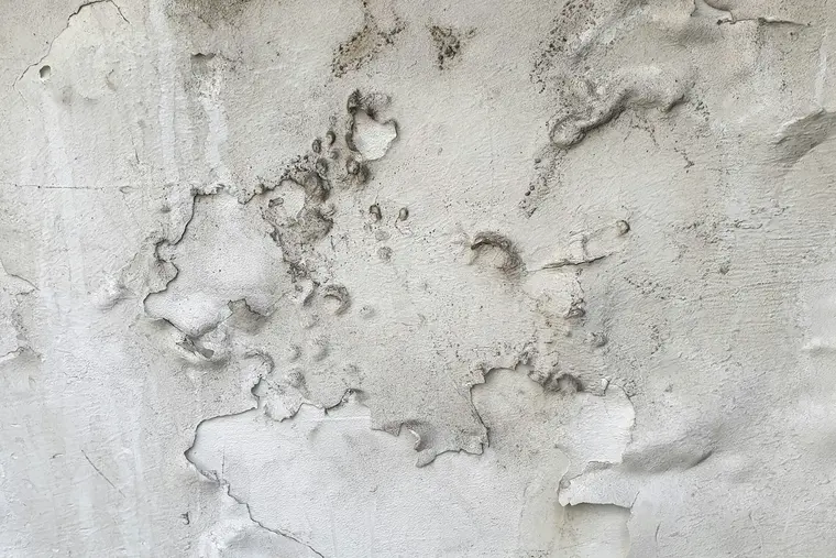 White crystalline efflorescence and blistered coating on a below-grade wall